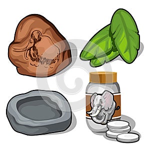 Elephant and mammoth topic, banana leaves, pills