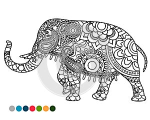 Elephant mandala ornament with colors samples