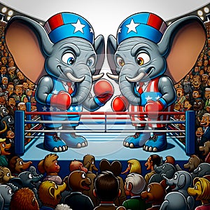 Elephant mascots for the Republican party facing off in battle for primary, caucus or policy issues in American politics photo