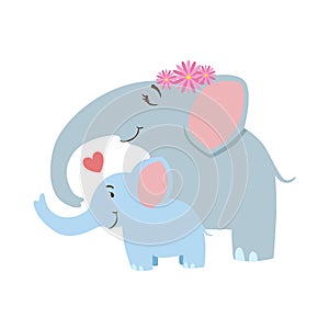 Elephant Mom With Frower Wreath Animal Parent And Its Baby Calf Parenthood Themed Colorful Illustration With Cartoon