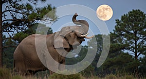 Elephant with Moon in Sky at Twilight
