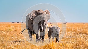 Elephant Mother Walking Side by Side with Her Calf in Savannah. Wildlife, Mothers Day. AI Generated