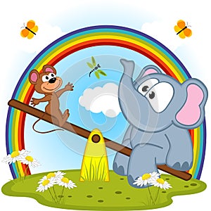 Elephant and mouse riding on seesaw photo