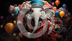 Elephant parade, colorful balloons, joyful celebration, traditional festival fun generated by AI