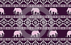 Elephant Silhouettes on Tribal Geometric Pattern with Maroon Background