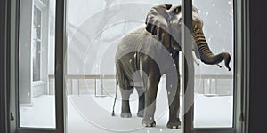 An elephant is peacefully standing in front of a window covered with snow. Generative AI
