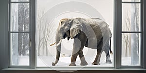 An elephant is peacefully standing in front of a window covered with snow. Generative AI