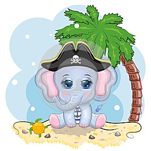 Elephant pirate, cartoon character of the game, wild animal in a bandana and a cocked hat with a skull, with an eye