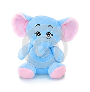 Elephant plushie doll isolated on white background with shadow reflection. Elephant plush stuffed puppet on white backdrop.