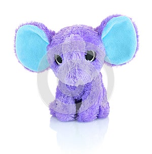 Elephant plushie doll isolated on white background with shadow reflection. Plush stuffed puppet on white backdrop.