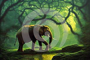 Elephant with a prehensile proboscis , long curved ivory tusks. Illustration for books, cartoons