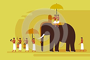 Elephant procession with people playing percussion instruments in Kerala