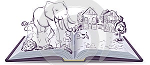 Elephant and Pug story. Illustration open fable book