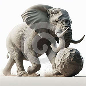 An elephant pushing a rock.