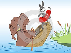 Elephant and rabbit drown in a boat