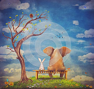 Elephant and rabbit sit on a bench
