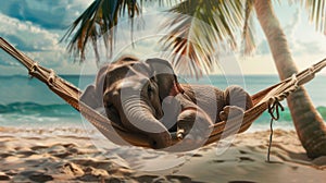 elephant resting in a hammock on a beach with palm trees