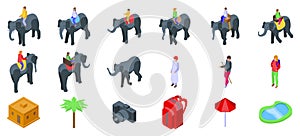 Elephant rides icons set isometric vector. Indian boy
