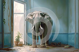 Elephant in the room. Lack of space, renovation, rebuild concept. Ai generative, illustration