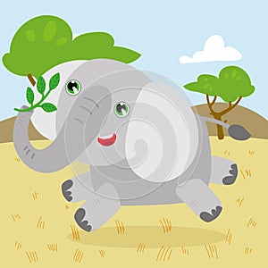 Elephant runs in Africa Funny Kid Graphic Illustration