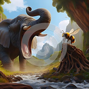 Elephant scared alarmed by bee in African forest illustration