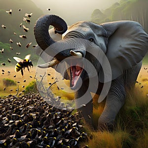 Elephant scared alarmed by bee in African grassy forest illustration