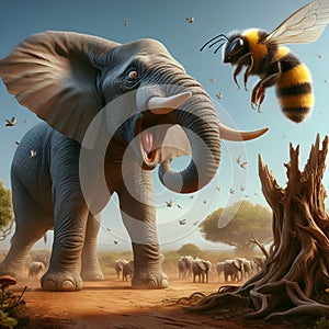 Elephant scared alarmed by bee in African savannah illustration