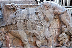 Elephant sculpture carved in the stone walls of ancient Brihadeeswarar temple in Thanjavur, Tamilnadu.