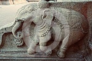 Elephant sculpture carved in the stone walls of ancient Brihadeeswarar temple in Thanjavur, Tamilnadu.