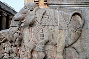 Elephant sculpture carved in the stone walls of ancient Brihadeeswarar temple in Thanjavur, Tamilnadu.