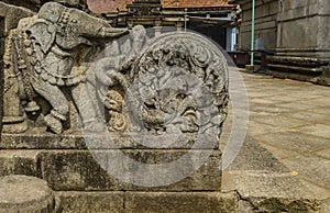 Elephant sculpture stairs at temple of Sringeri