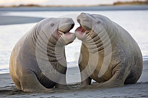 elephant seals play-fighting on sandy shore