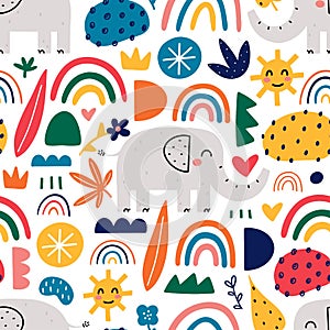 Elephant seamless pattern with abstract shapes, rainbows and floral elements. Hand drawn Scandinavian style vector illustrattion