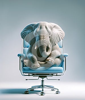 Elephant Seated on Sky Blue Modern Chair Facing Forward. Animal in human setting