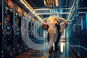 Elephant in the server room. Concept of the big data and digital fragility. Generated AI.