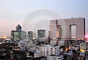 Elephant shape building roof top view Bangkok city under evening sky