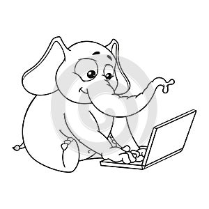 Elephant. Sits at the computer. Work on the Internet. Communication in the network. Vector, cartoon.