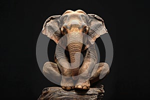 An elephant sits in a tree pose on a stone, with powerful legs and a calm expression, against a black background