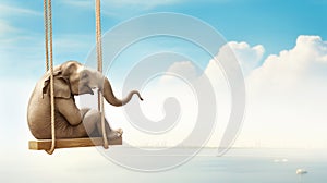 Elephant sitting on a swing above water. Concept of freedom and happiness