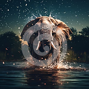 an elephant splashes in a pond near the shore with its trunk up