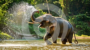 An elephant is splashing water on itself in a river