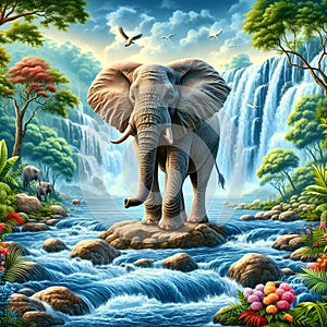 An elephant standing in front of a waterfall with trees and rocks around it.