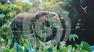 Elephant Standing In Jungle With Digital Hologram