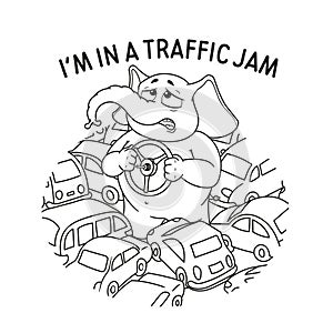 Elephant. Standing in a traffic jam. Steering wheel in hands. A lot of cars. Vector, cartoon.