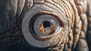 Elephant staring, wrinkled trunk, nature portrait captured generated by AI