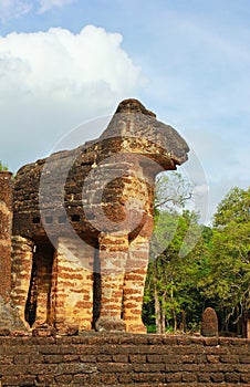 Elephant statue around pagoda in Sukhothai, Thailand