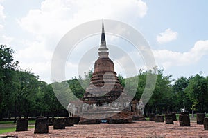 The elephant statues surround the old city pagoda, sukhothai, world heritage