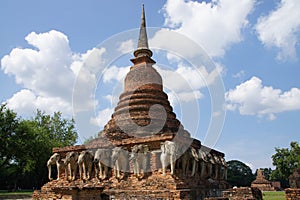 The elephant statues surround the old city pagoda, sukhothai, world heritage