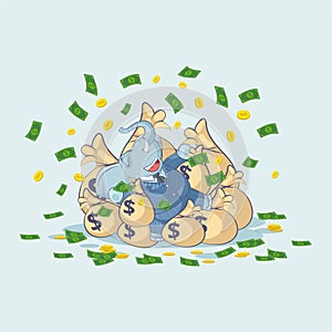 Elephant sticker emoticon lies on bags of money