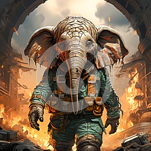 elephant superhero on background of fire AI generated
